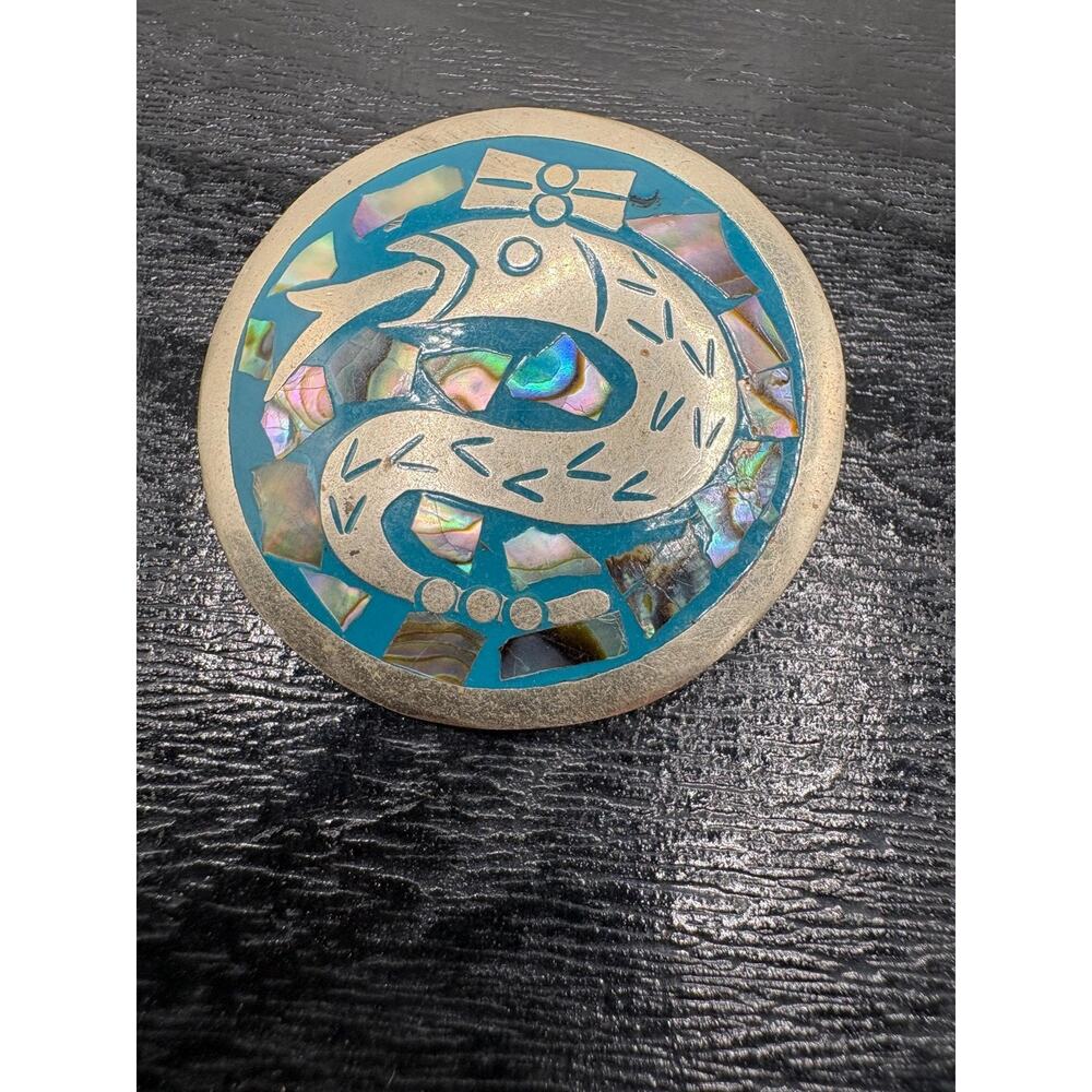 Vintage VTG Alpaca Silver abalone brooch pin round snake pendant